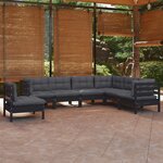 vidaXL Salon de jardin 7 Pièces avec coussins Noir Bois de pin massif