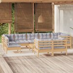 vidaXL Salon de jardin 10 Pièces avec coussins gris bois de pin massif
