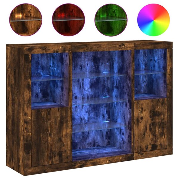 vidaXL Buffets avec lumières LED 3 Pièces chêne fumé bois d'ingénierie