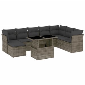vidaXL Salon de jardin 9 Pièces avec coussins gris résine tressée