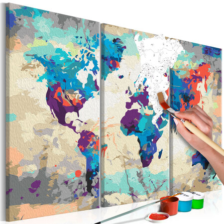 Tableau à peindre par soi-même - carte du monde triptyque en bleu et rouge l x h en cm 60x40