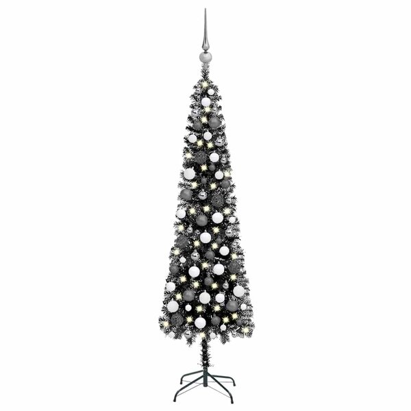 vidaXL Arbre de Noël mince pré-éclairé et boules noir 180 cm