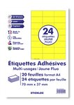 20 Planches A4 - 24 étiquettes 70 MM x 37 MM autocollantes fluo jaune par planche pour tous types imprimantes - Jet d'encre/laser/photocopieuse FBA AMAZON