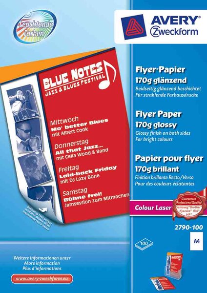 Bte 100 feuilles Papier pour flyer Recto/verso brillant A4 170 g Blanc AVERY ZWECKFORM