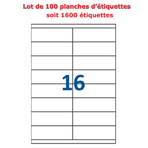 Lot de 100 Planches étiquettes autocollantes blanches sur feuille A4 : 105 x 35 mm (16 étiquettes par feuille  spéciales bons de transport)