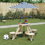 vidaXL Table de pique-nique pour 4 enfants avec parasol rond sapin