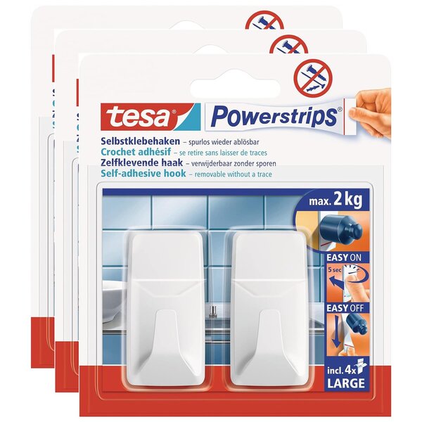 Pack 2 Crochets Powerstrips LARGE Rectangle 2Kg Blanc x 3 TESA