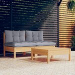 vidaXL Salon de jardin 3 Pièces avec coussins gris Bois de pin