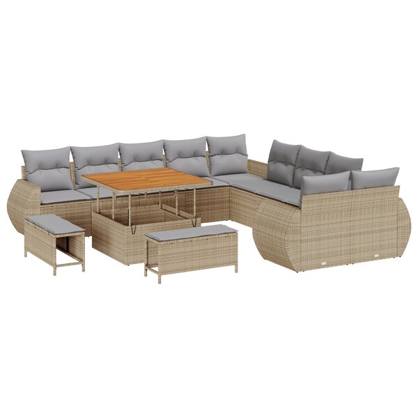 Set de Canapé de Jardin 13 Pièces avec Coussins Beige Poly Rotin Acacia