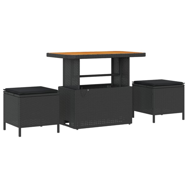Ensemble de salle à manger de jardin 3 pièces avec coussins en poly Rattan noir et acacia