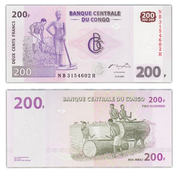 Billet de collection 200 francs 2007 congo - neuf - p99