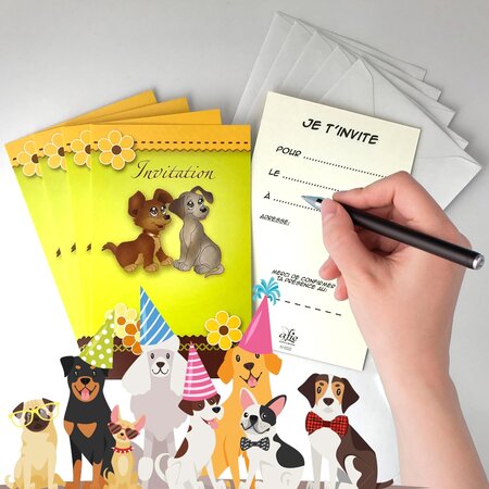 Lot 5 cartes "invitation" chien chiots animaux avec 5 enveloppes blanches 9x14cm