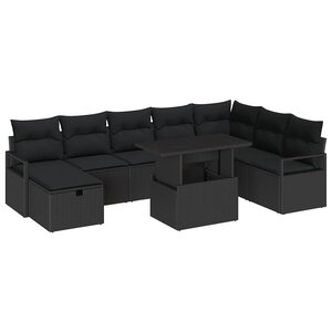 vidaXL Ensemble de canapé de jardin avec coussin 9 Pièces Noir Poly rotin