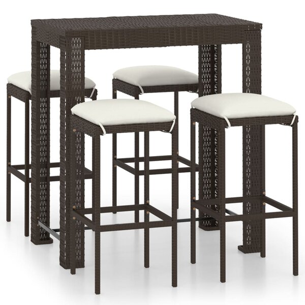 vidaXL Meuble de bar de jardin 5 Pièces et coussins Résine tressée Marron