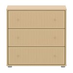 Flexa SAGA Commode 3 tiroirs a facades rainurees Beige sable Oat Boutons metalliques Oat