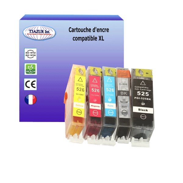 5 Cartouches compatibles avec Canon Pixma MG6250, MG8150, MG8250, MX715, MX880, MX885, MX895 remplace Canon PGI-525, CLI-526 XL  - T3AZUR