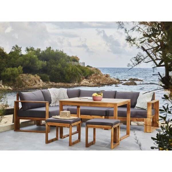 BOCARNEA Salon de jardin LEVATA DINING en bois d'acacia FSC - Avec table haute - 7 personnes - Coussins gris anthracite + Housse inc