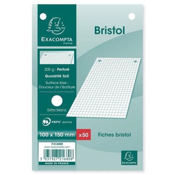 EXACOMPTA - 50 Fiches Bristol Blanches - Perforées - 10 x 15 - 5 x 5 - Papier P.E.F.C 205G