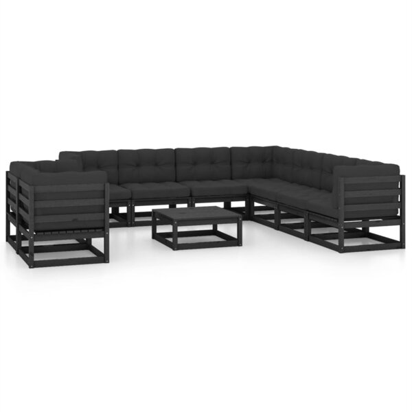 vidaXL Salon de jardin 10 Pièces avec coussins Noir Bois de pin massif