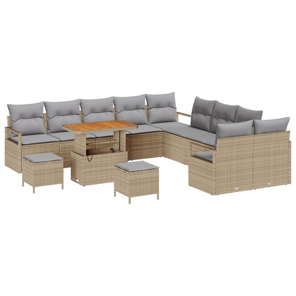 Ensemble de canapé de jardin 13 pièces avec coussins Beige Poly Rattan Acacia