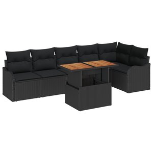 Ensemble 7 pièces canapé jardin avec coussins Noir Rotin Poly Acacia