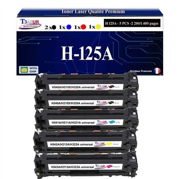 T3AZUR - 5x Cartouches compatibles avec 125A pour HP Color LaserJet CP1200 CP1210 CP1213 CP1214 CP1214N CP1215 CP1216 CP1217 CP1500 CP1510 CP1510 CP1513 CP1513N (CB540A)