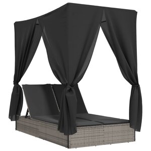 vidaXL Chaise longue double avec toit et rideaux gris résine tressée