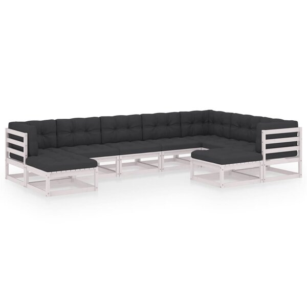 vidaXL Salon de jardin 9 Pièces avec coussins Blanc Bois de pin massif