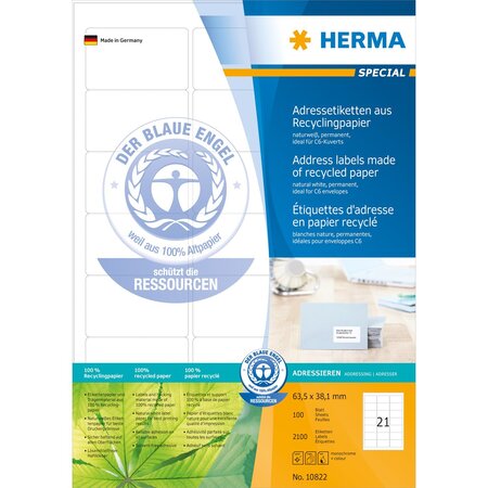 Boite de 2100 etiquettes universelles recyclée 63,5 x 38,1 mm sur 100 feuilles herma