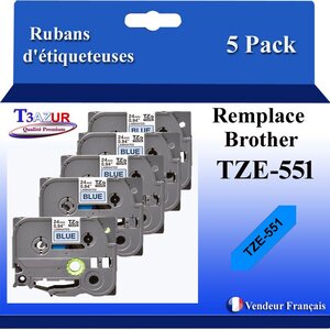 5x Rubans d'étiqueteuses compatibles avec Brother Tze551  Tze-551 pour étiqueteuses P-touch - Texte noir sur fond bleu - T3AZUR