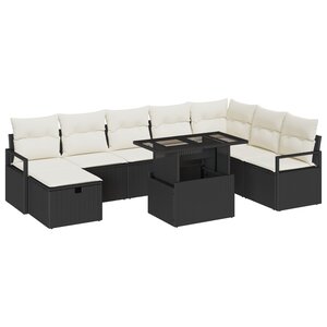Ensemble de canapé de jardin 9 pièces vidaXL avec coussins Noir Rotin Poly