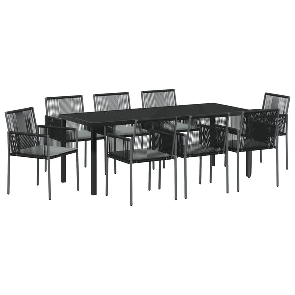 vidaXL Set de salle à manger de jardin   9 pièces  avec coussins en poly rotin noir.