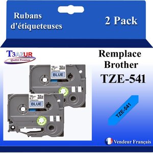 2x Rubans d'étiqueteuses compatibles avec Brother Tze541  Tze-541 pour étiqueteuses P-touch - Texte noir sur fond bleu - T3AZUR