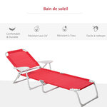 Bain de soleil pliable - transat inclinable 4 positions - chaise longue grand confort avec accoudoirs - métal époxy textilène - dim. 160L x 66l x 80H cm - rouge