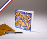 Carte double en lettres d'or créée et imprimée en france - anniversaire happy birthday ballons