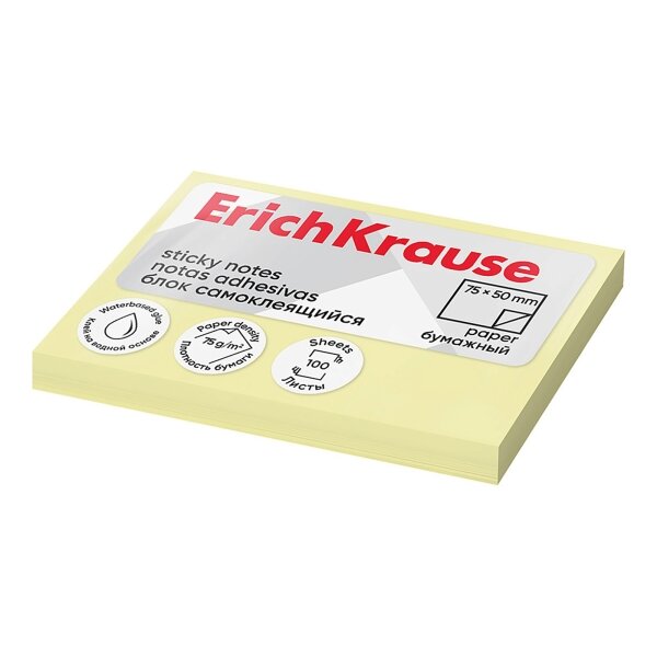 Bloc de 100 notes autocollantes ErichKrause 50 x 75 mm - Amovibles - Jaune clair