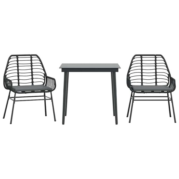 vidaXL Ensemble à manger de jardin et coussins 3 Pièces noir rotin verre