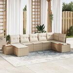 Canapé de Jardin 7 Pièces avec Coussins Beige Poly Rattan Acacia