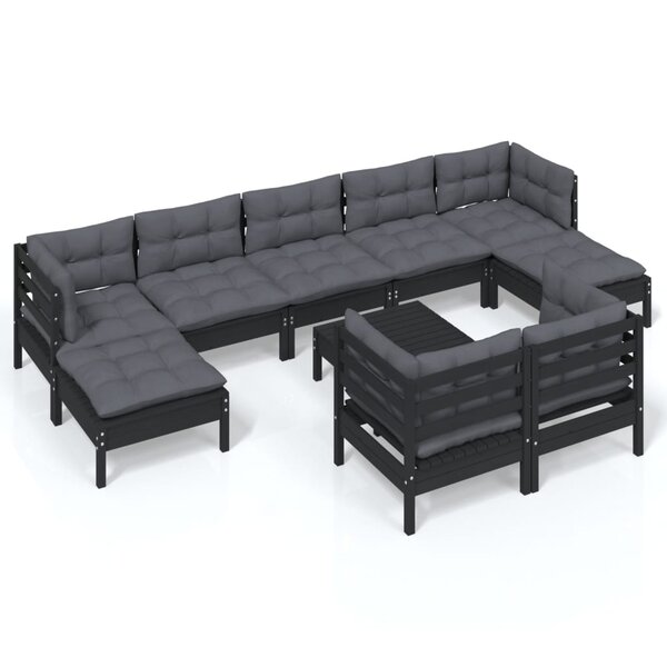 vidaXL Salon de jardin 10 Pièces avec coussins Noir Bois de pin massif