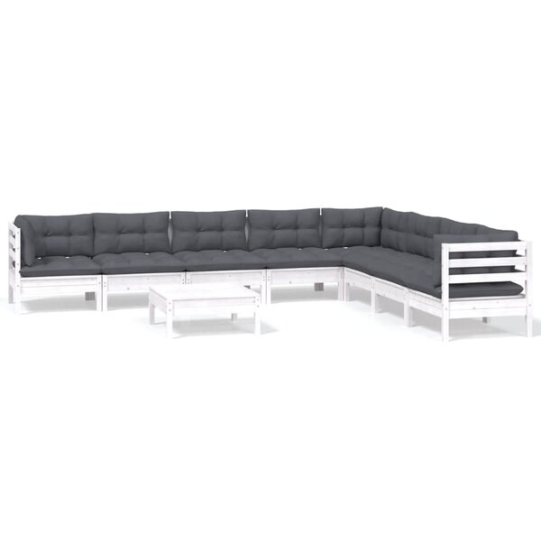 vidaXL Salon de jardin 9 Pièces avec coussins blanc bois de pin massif