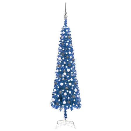 vidaXL Arbre de Noël mince pré-éclairé et boules bleu 210 cm