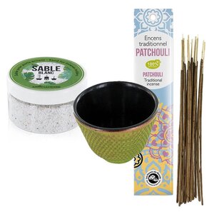 Porte-encens coupelle en fonte verte + sable blanc + Encens indien au Patchouli