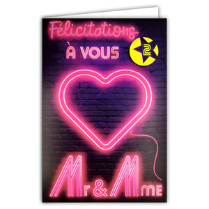 Carte FLUO Texte NÉON Félicitations à vous 2 Mr & Mrs - Avec Enveloppe 12x17,5cm