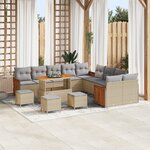 Ensemble de canapé de jardin 14 pièces avec coussins beige en poly rotin acacia