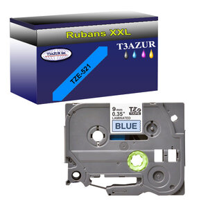 Ruban d'étiquettes laminées générique Brother Tze-521 pour étiqueteuses P-touch - Texte noir sur fond bleu - T3AZUR