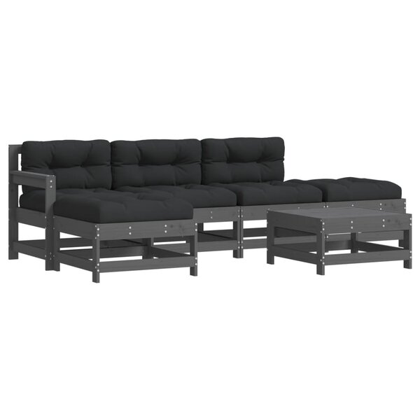 vidaXL Salon de jardin 6 Pièces avec coussins gris bois massif