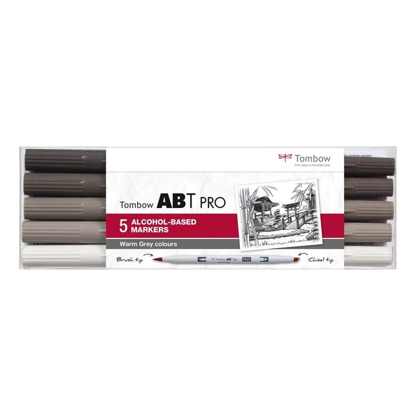 Set de 5 Marqueurs Base Alcool Double Pointe ABT PRO couleurs gris chaud x 6 TOMBOW