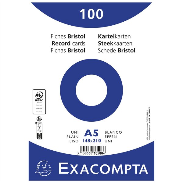 Paquet 100 fiches sous film - bristol uni non perforé 148x210mm - Blanc x 10 EXACOMPTA