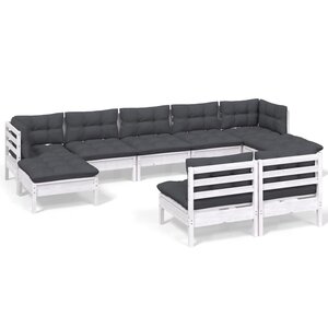 vidaXL Salon de jardin 9 Pièces avec coussins blanc bois de pin