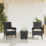vidaXL Ensemble de bistro avec coussins 3Pièces noir résine tressée verre
